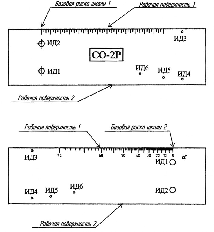 Схема стандартного образца СО-2Р с указанием рабочих поверхностей, базовых рисок и искусственных дефектов